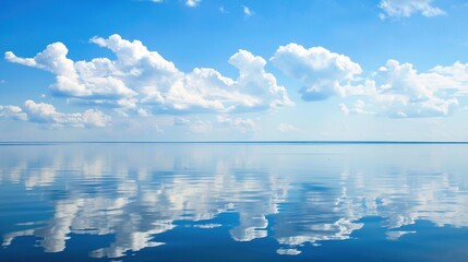 The Serene Blue Sky, White Clouds and Water Surface Reflection Background: A Tranquil Visual Oasis.