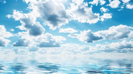 The Serene Blue Sky, White Clouds and Water Surface Reflection Background: A Tranquil Visual Oasis.