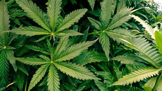 Close-up view of vibrant green cannabis leaves, showcasing their intricate shape and texture in a natural setting.