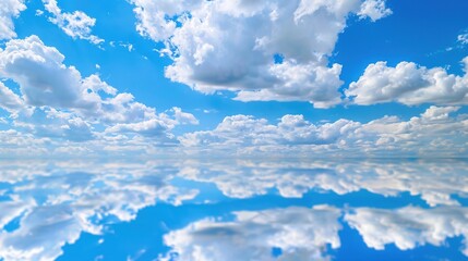 The Serene Blue Sky, White Clouds and Water Surface Reflection Background: A Tranquil Visual Oasis.