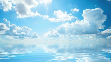 The Serene Blue Sky, White Clouds and Water Surface Reflection Background: A Tranquil Visual Oasis.