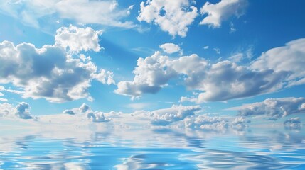 The Serene Blue Sky, White Clouds and Water Surface Reflection Background: A Tranquil Visual Oasis.