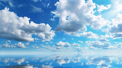 The Serene Blue Sky, White Clouds and Water Surface Reflection Background: A Tranquil Visual Oasis.