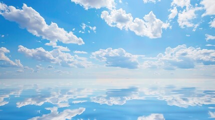 The Serene Blue Sky, White Clouds and Water Surface Reflection Background: A Tranquil Visual Oasis.