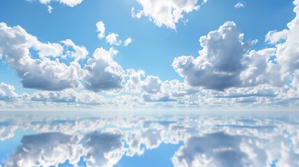 The Serene Blue Sky, White Clouds and Water Surface Reflection Background: A Tranquil Visual Oasis.
