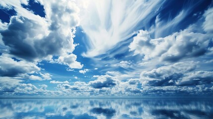 The Serene Blue Sky, White Clouds and Water Surface Reflection Background: A Tranquil Visual Oasis.