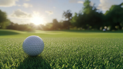 The golf ball is on a green lawn in a beautiful golf course with morning sunshine.