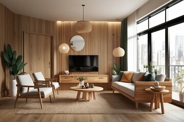 Fototapeta premium Cozy Modern Room Interior Mockup with Natural Wooden Furniture 3D Render