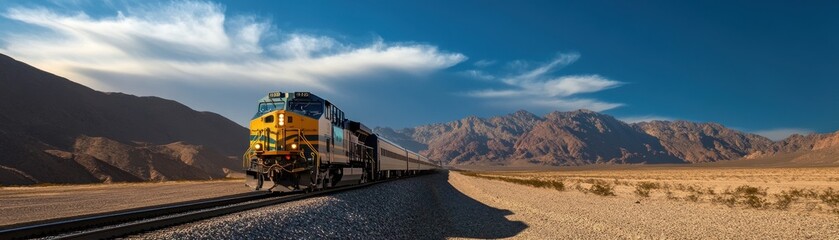 Obraz premium Freight Train Traveling Through Desert Landscape with Mountain Range in Background Under Clear Blue Sky