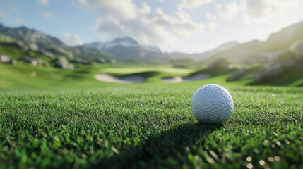The golf ball is on a green lawn in a beautiful golf course with morning sunshine.