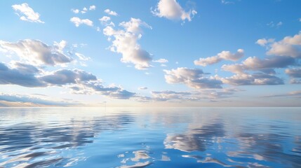 The Serene Blue Sky, White Clouds and Water Surface Reflection Background: A Tranquil Visual Oasis.