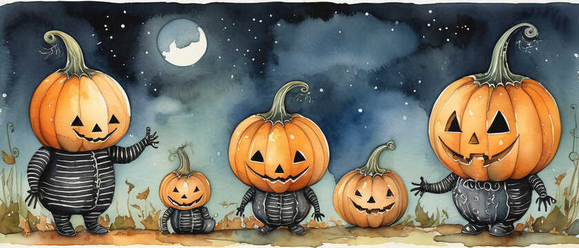 Aquarelle amusante pour enfants Halloween citrouilles personnages &eacute;tranges mais rigolos
