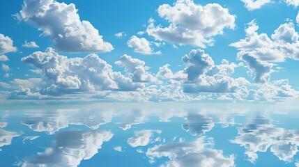 The Serene Blue Sky, White Clouds and Water Surface Reflection Background: A Tranquil Visual Oasis.