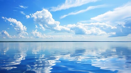The Serene Blue Sky, White Clouds and Water Surface Reflection Background: A Tranquil Visual Oasis.