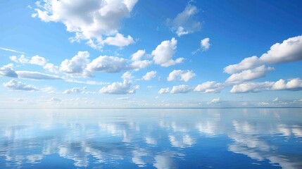 The Serene Blue Sky, White Clouds and Water Surface Reflection Background: A Tranquil Visual Oasis.
