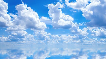 The Serene Blue Sky, White Clouds and Water Surface Reflection Background: A Tranquil Visual Oasis.