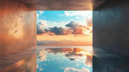 Modern Abstract Architectural Space with Reflective Floor and Stunning Sunset Sky View
