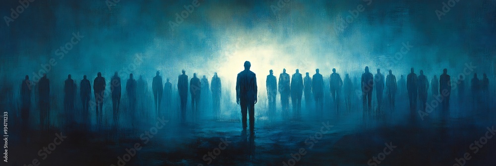 Poster isolation the crowd a surreal scene of a figure standing in a crowd of faceless featureless figures 