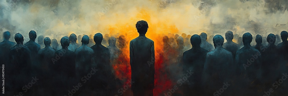 Aufkleber isolation the crowd a surreal scene of a figure standing in a crowd of faceless featureless figures 