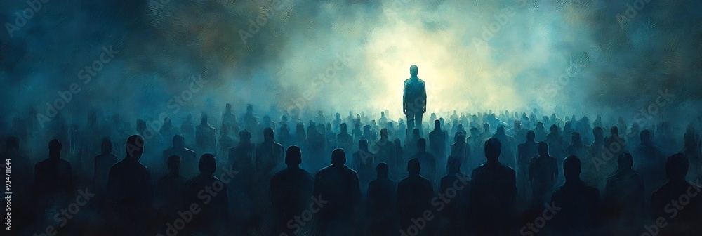 Poster isolation the crowd a surreal scene of a figure standing in a crowd of faceless featureless figures 