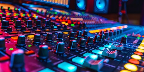 Fototapeta premium Close-up of a Soundboard with Illuminated Knobs and Buttons