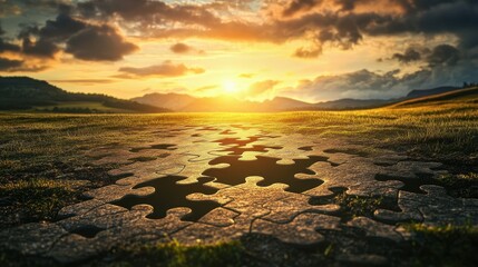 Obraz premium Sunset Over a Grass Field with Puzzle Pieces on the Ground, Symbolizing Connection and Mystery