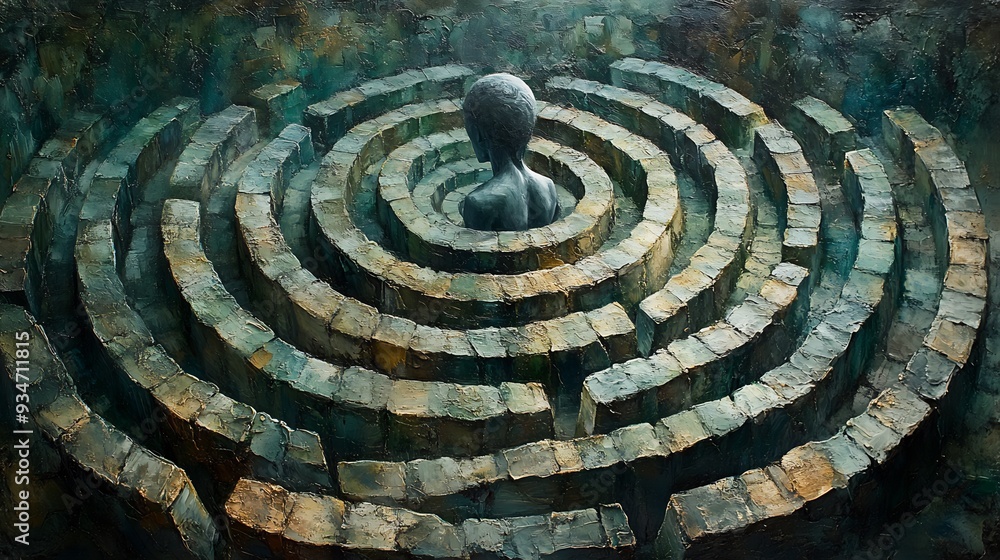 Poster labyrinth of mind an abstract depiction of a mind trapped within a complex twisting labyrinth the wa