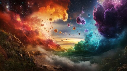 Obraz premium Surreal Cosmic Landscape with Vibrant Nebula Clouds and Floating Asteroids Over a Mystical Horizon