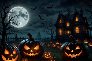 A haunted house decorated with pumpkin heads for Halloween