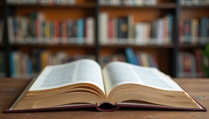 Obraz premium Open book on a wooden table in a cozy, well-stocked library with blurred bookshelves in the background.