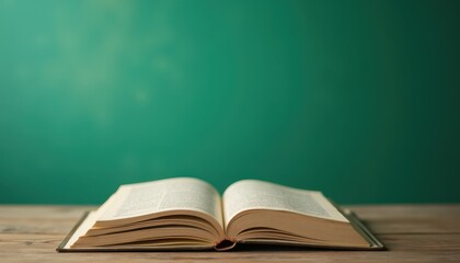An open book on a wooden table against a green background, inviting readers to dive into its pages.