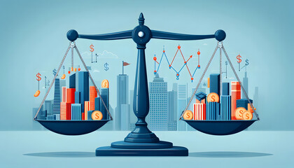 Illustration of a balance scale weighing different economic policies, concept of fiscal responsibility and economic balance cartoon 2d