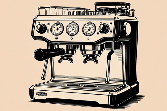 Detailed Hand-Drawn Black and White Illustration of an Espresso Machine with Knobs and Gauges
