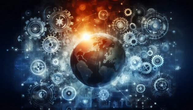 Abstract depiction of global economy symbols interconnected by policy gears, concept of international economic strategy