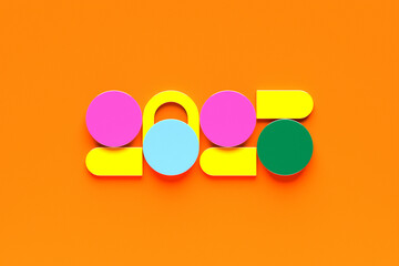 Calendar header number 2025 on orange  background. Happy new year 2025 colorful background.