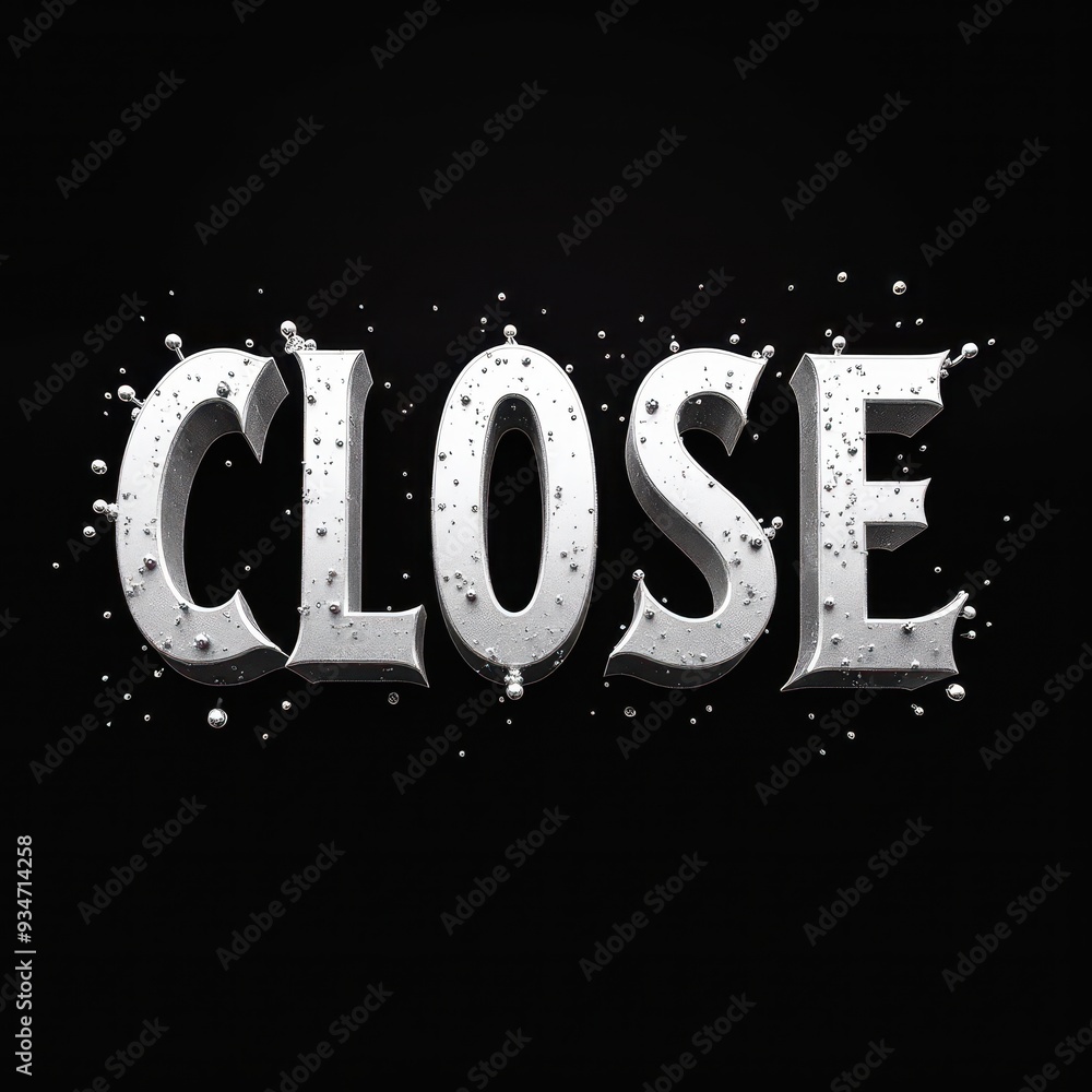 Poster 3d metallic 'close' text on black background with floating spheres, underlining the concept of closu