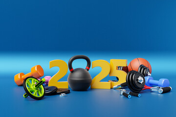Fototapeta premium 3d illustration of design happy new year 2024 and sports equipment, weight. Sport happy new year banner