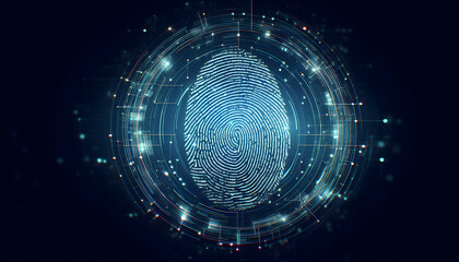 Fototapeta premium Image of a digital fingerprint appearing on the surface of a computer circuit. which glows with blue light This fingerprint is a symbol of identity verification or biometrics. 