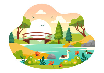 Vector Illustration of a River Landscape with Mountain Views, Green Fields, Trees, and Forests Surrounding the Rivers in a Flat Cartoon Background