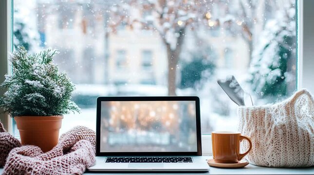 Cup of coffee and a laptop placed on a windowsill, with a view of a snowy winter landscape outside, creating a cozy and productive w Seamless looping 4k time-lapse virtual video animation Generated AI