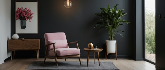 Contemporary living room featuring a sleek armchair, cushions, and bold floral decor. A chic and stylish space highlighting minimalist design with natural light.
