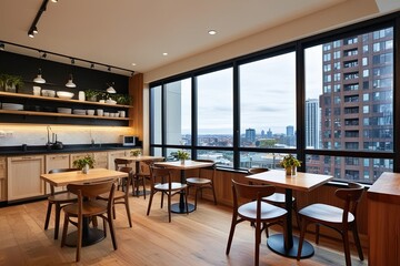 Chic Kitchen Cafe Design Featuring Wooden Furniture and Panoramic City View