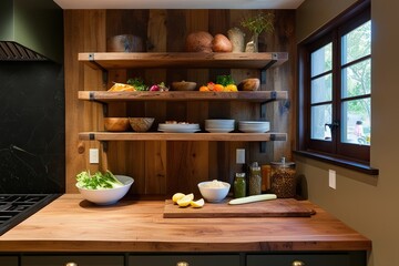 Rustic Wood Surface and Decorative Shelf in Bright Earthy Meal Prep Kitchen