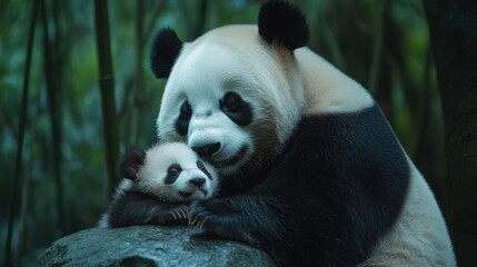 Obraz premium Tender Moment Between Mother and Baby Panda in a Tranquil Bamboo Forest. The Mother Panda Gently Embraces Her Peaceful Baby