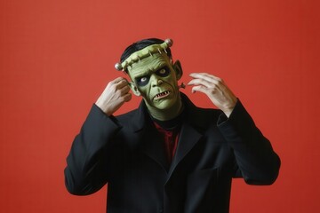 Person wearing a Frankenstein monster costume and mask with a red background, adjusting the mask. Capturing a Halloween theme.