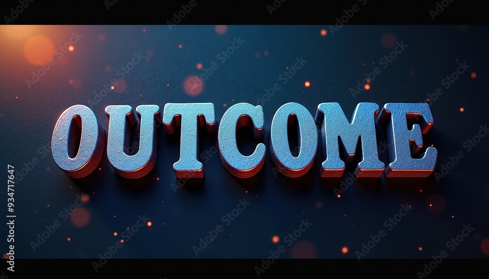Poster 3d rendered metallic 'outcome' text with glowing bokeh effects on a dark background.