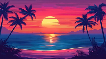 Naklejka premium Beautiful view tropical coast with palm trees and sandy beach at sunset