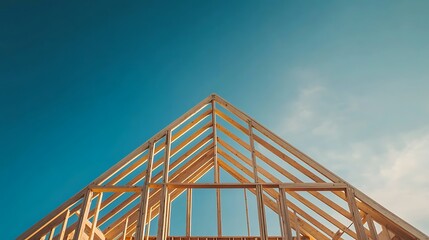 Wooden Frame of a House Under Construction Against a Blue Sky