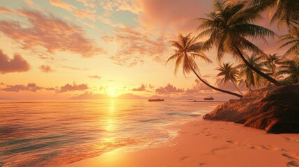 Beautiful view tropical coast with palm trees and sandy beach at sunset