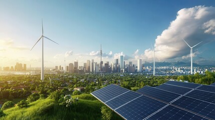 Sustainable Energy Future: Solar Panels and Wind Turbines with Modern City Skyline in Background